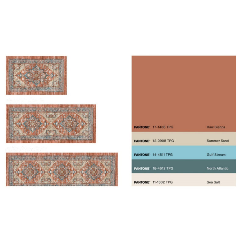 Red and Beige Polyester Non-Slip Washable Kitchen Mat Set