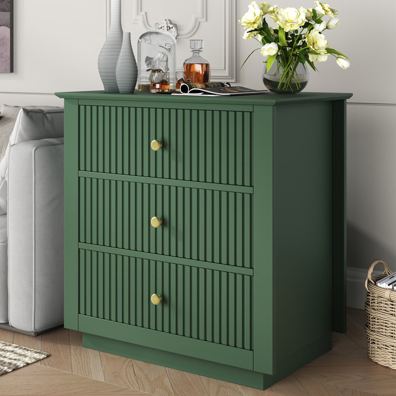 3-Drawer Dresser 24"W Solid Wood Fluted Chest With Built-In Outlets, Green