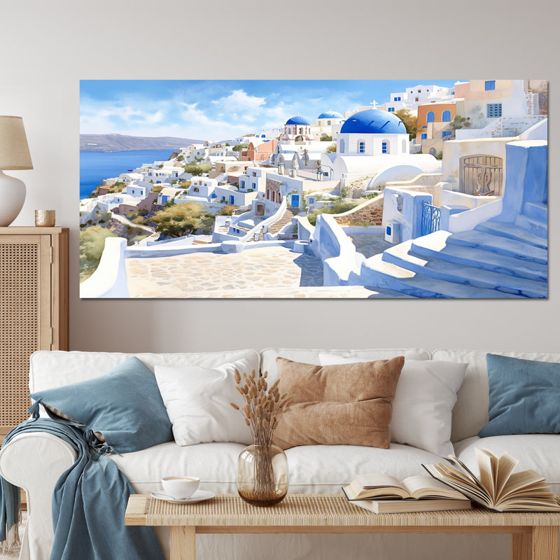 Grecque Santorini Odyssey II - Grèce, art mural, H 28 po x l 60 po x P 1,5 po, Toile tendue