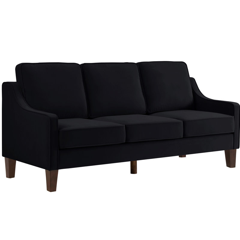 3 avec velours rembourré, accoudoirs carrés, siège mi-doux, velours noir contemporain pour chambre à coucher, structure en bois massif, noir, salon confortable