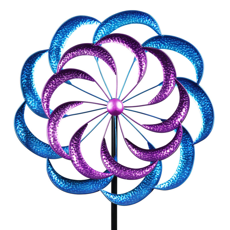 Large Purple and Blue Metal Double Kinetic Garden Spinner Stake