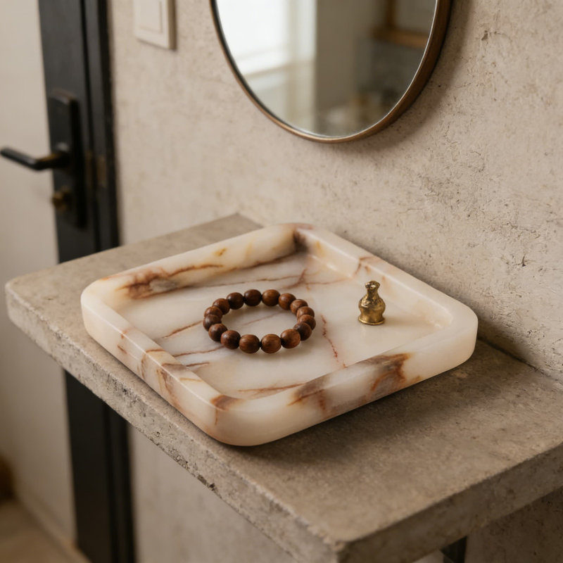 Véritable plateau en marbre et plateau de bureau, plateau en pierre de qualité supérieure pour les clés, les bijoux et les articles essentiels, conception carrée moderne