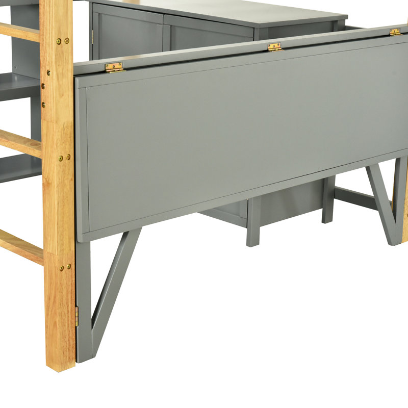 Twin Loft Bed In Grey With Useful Storage And Foldable Desk Option Internal Area, Grey
