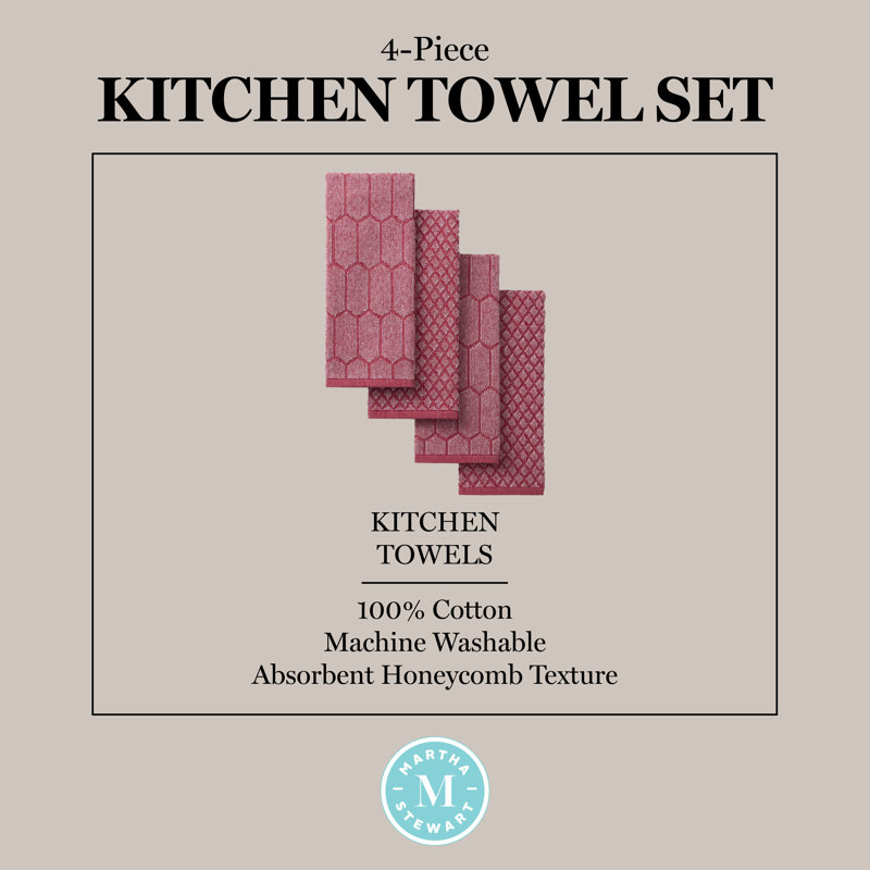 Ensemble de 4 serviettes de cuisine texturées en nid d'abeille texturé 16 pi x 28 po MARTHA STEWART, Rouge