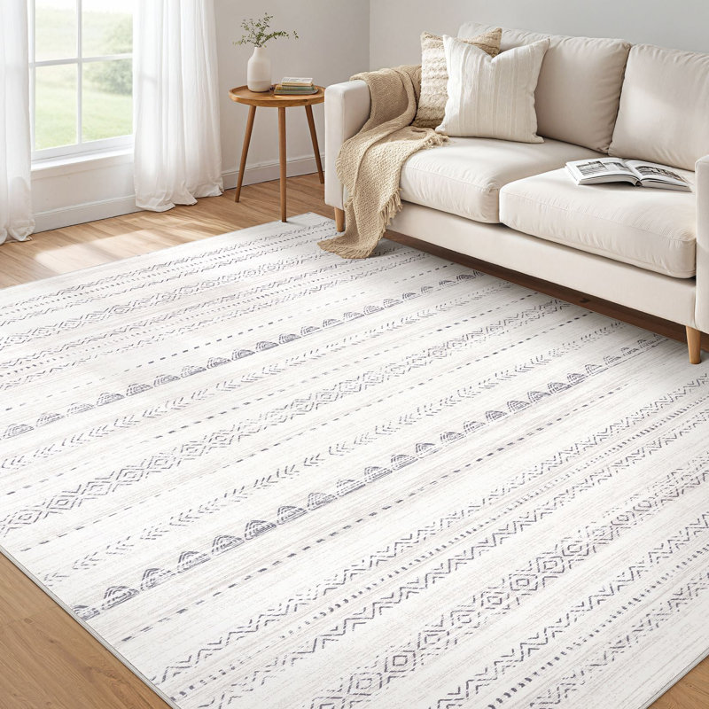 Bohemian Area Rug Boho Carpet for Living Room Bedroom, Non-Slip Farmhouse Home Decor Floor Mat, Light Gray