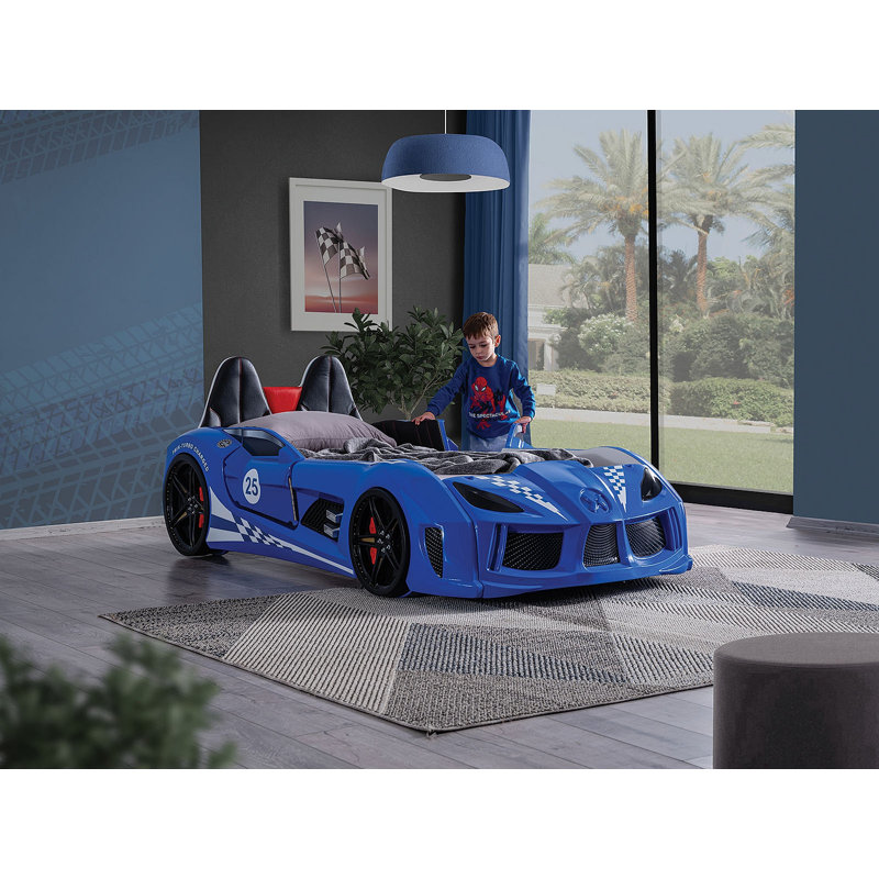 Twin Size Bed Race Car Design Modern Novelty Style Attached Two Magnetic Doors With LED Lights On Wheels And Bottom Upholstery Headboard Blue Finish