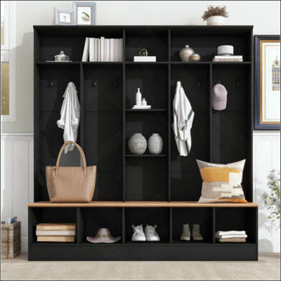Arbre d'entrée avec banc de rangement, armoire à chaussures minimaliste avec rangement cubique et tablettes, portemanteau multifonctionnel avec 8 crochets pour les entrées, vestibule