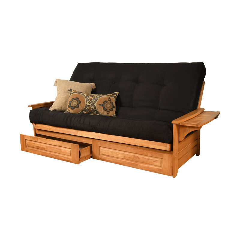 Futon avec rangement Stratford, Microsuède noir, Innerspring, Noyer cendré