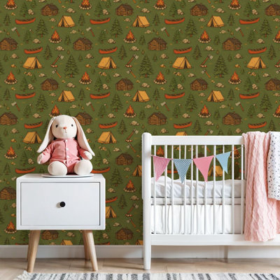 Peel and Stick Wallpaper Camping vintage colorful seamless Contact Paper Removable Self Adhesive Wall Mural Wall Decor for Bedroom Kitchen Cabinets 17.7in x 118in