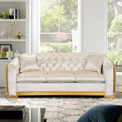 3 Seat Velvet Couch, Navy, 84 Inches With Gold Stainless Hardware Details, Seat,
