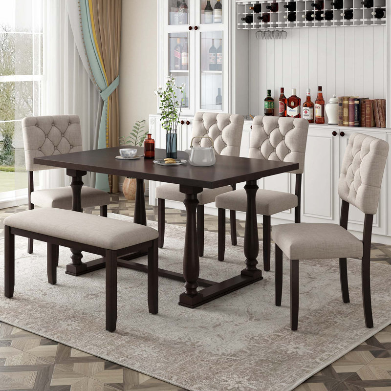 Ensemble 6 pièces de table et chaises de salle à manger avec pieds de forme spéciale et dossiers et coussins recouverts de mousse pour la salle à manger