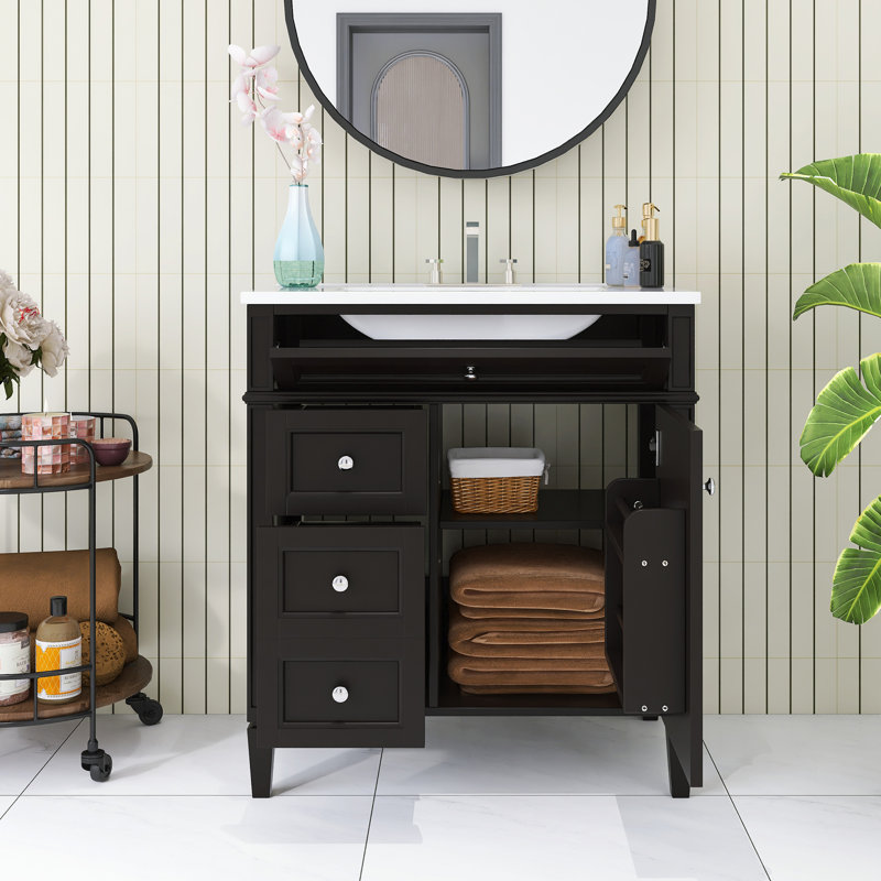 30 po Ensemble de meuble-lavabo autoportant avec comptoir en céramique, Noir, Argent argent