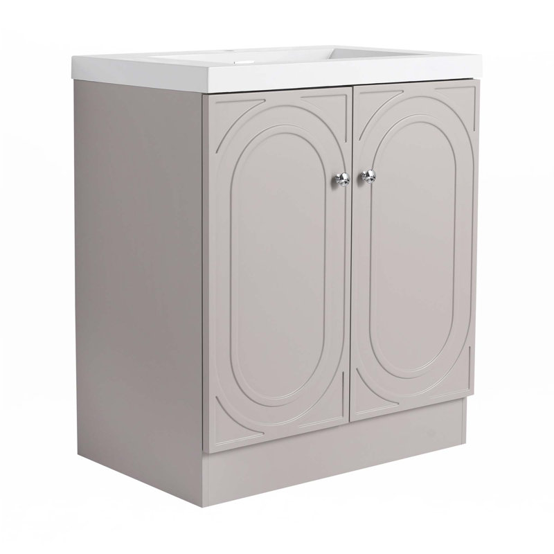 Meuble-lavabo autoportant avec lavabo en résine blanche, Kaki, Argent argent