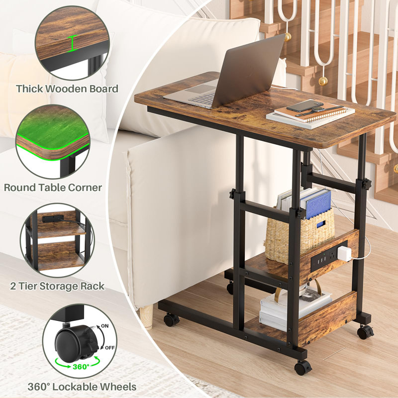 Height Adjustable C-Shaped End Table with Charging Station