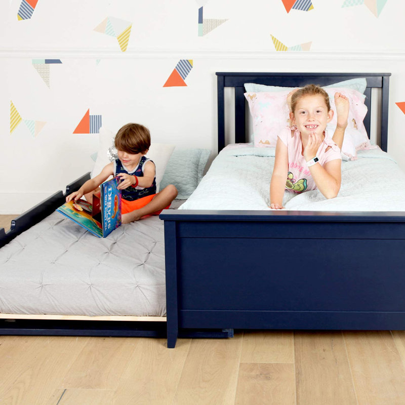 Boling Twin Solid Wood Platform Bed with Trundle, Blue, Twin