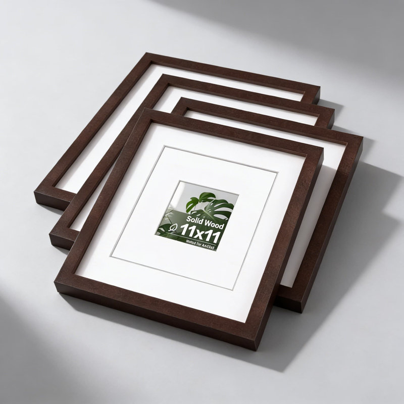 Solid Wood Picture Frame 11X11 With Plexiglass, 4 Pack Set For Wall Mounting Or Tabletop Display, Includes Mat For 8X8 And 4X4 Photos