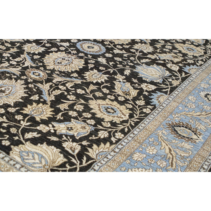 Tapis noir et bleu clair de haute qualité noué à la main