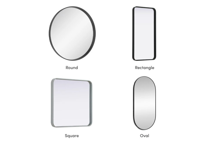 collage of four mirror shapes: round, rectangle, square, and oval