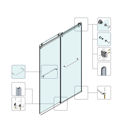 Porte de douche coulissante double sans cadre 66 po x 66 po, porte de douche double, verre trempé de 3/8 po (10 mm), acier inoxydable, or brossé