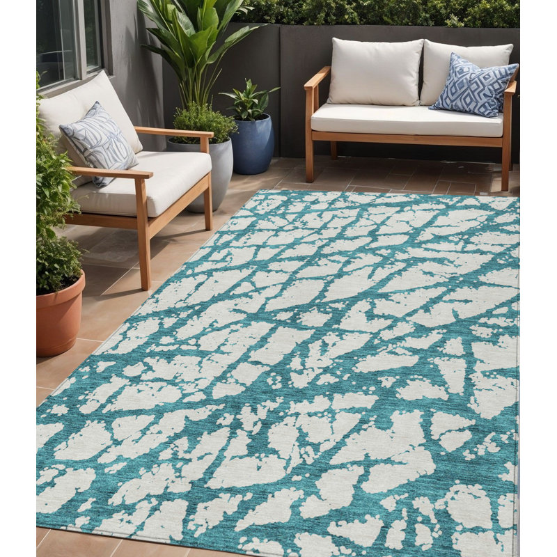 Tapis d'extérieur lavable abstrait bleu sarcelle et ivoire 5 pi x 8 pi