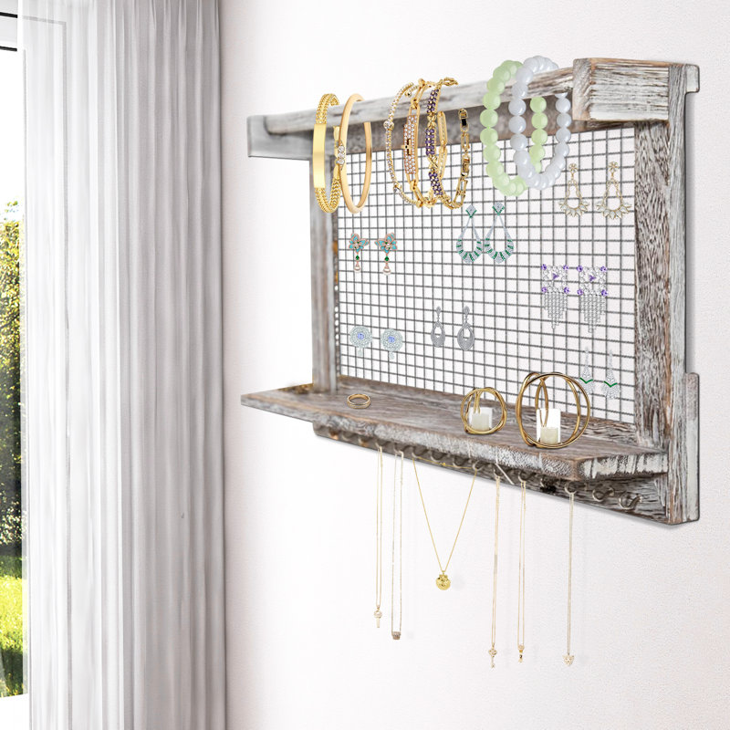 Organisateur de bijoux mural en bois rustique avec panneau en maille, tablette et crochets
