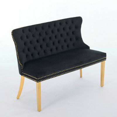 Velvet Double Dining Loveseat Bench, Kitchen & Dining Seating, 2-Seat Tufted Bench W/Handmade Buttons, Wing Back, Gold-Plated Steel Legs, Mid Century Modern,Single Pack,Black,SW1602BK