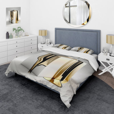 Ensemble d'édredon moderne 4 pièces - Expression cubique noire et dorée I avec taies décoratives et coussins décoratifs