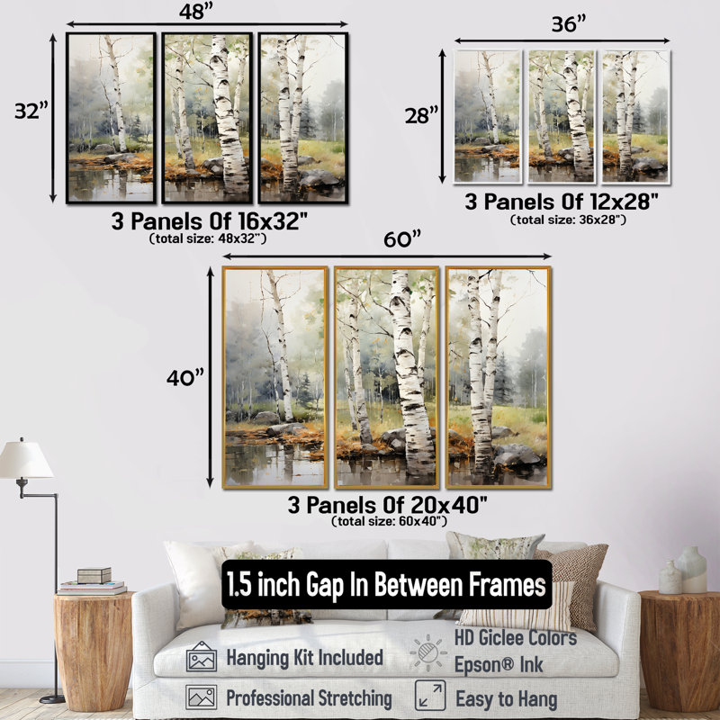 «Green Birch Wood Beauty I - Tree Birch», ensemble d'art sur toile, H 40 po x l 60 po x P 1 po, Cadre flottant brun