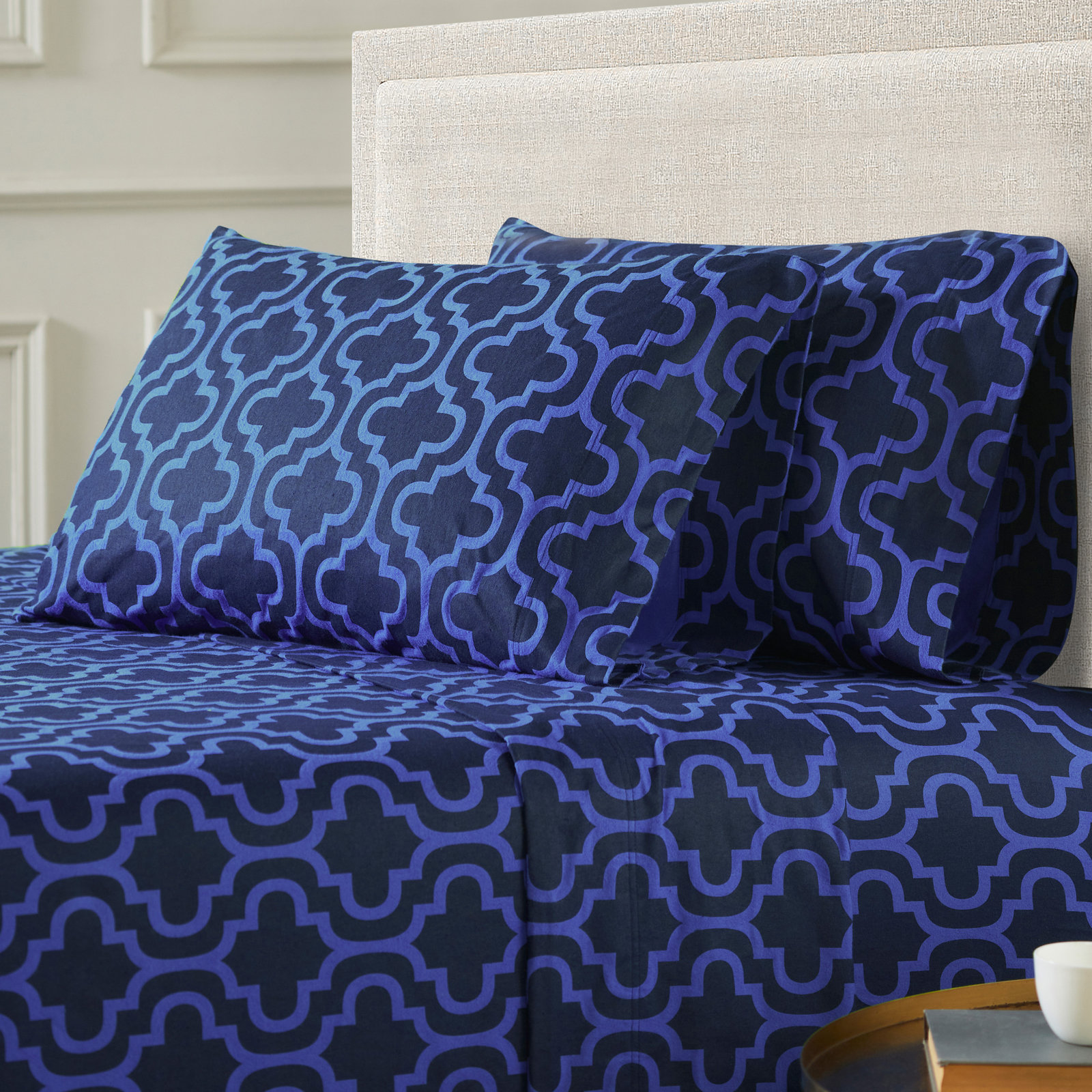 Cotton Flannel Pillowcase, Standard, Navy Blue Trellis