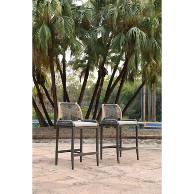 Tabourets de bar 2 pièces gris foncé foncé en osier et aluminium avec coussin pour patio et piscine