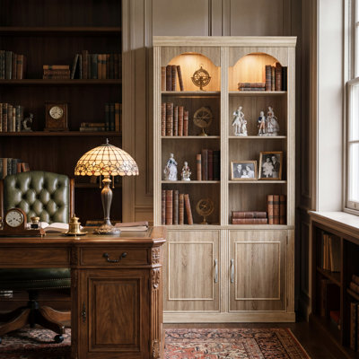Busby 90.3'' Tall Bookcase With Cabinet Storage, 2 Top Spotlights And 3-Color Lighting