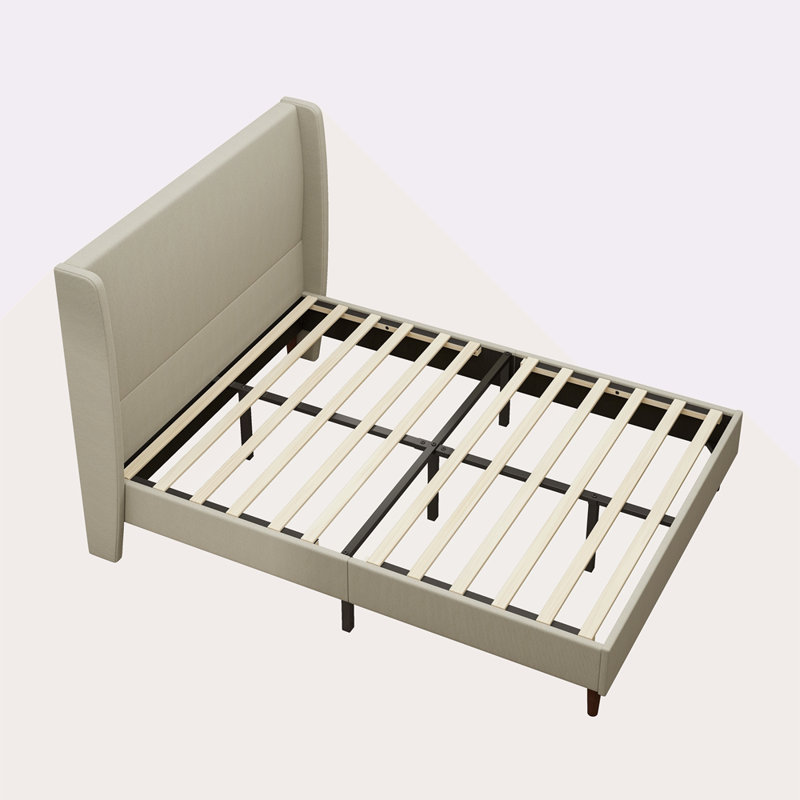 High Headboard Upholstered Bed, Bed Frame, 12-Slat Support, Easy To Assemble, Beige, Linen Cloth, No Box Spring Needed, Queen
