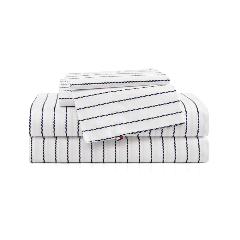 Tommy Hilfiger Printed Percale Cotton Sheet Set, Full Sheet Set with 1 Pillowcase, White Striped