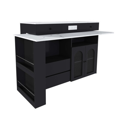 Kitchen Island With Extendable & Rotating Table, MDF With Veneer Retro Design, 4 Drawers & Glass Door Cabinets With Built-In Socket, Expandable Dining Station For 2-4 Person