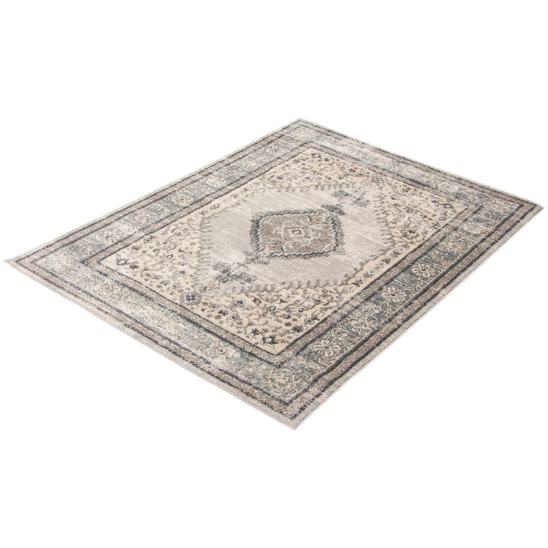 Tapis oriental gris / ivoire / bleu clair, Rectangle 5 pi 3 po x 7 pi 3 po