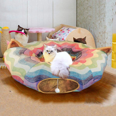 Lit pour chat avec tapis, lit pliable 3 voies, jeu de condos pour chat avec trou de couette, balle amusante, intérieur, extérieur, cachette douce, aire de jeu pour chat