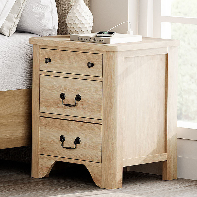 Haikey 3-Drawer Nightstand with Built-In Electrical Outlet, Oak