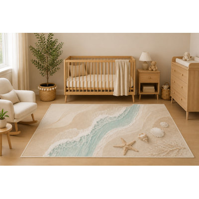 Tapis de plage ultra-léger 152 x 213 cm, motif vagues, coquillages, étoiles de mer et dollars des sables, idéal pour le salon ou la chambre. Dos en silicone antidérapant.
