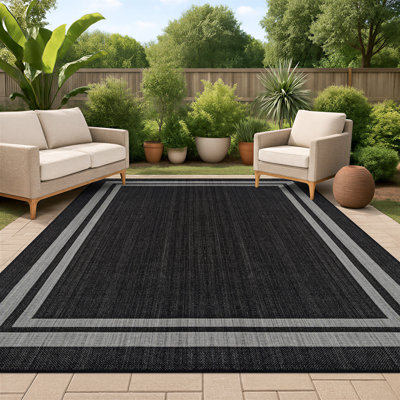 Border Black/Ivory Easy-Care Jute-Style Indoor/Outdoor Flat Woven Area Rug