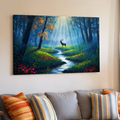 Toile, "A Serene Forest Scene Bathed In Soft Ethereal Light", art mural avec un majestueux cerf debout gracieusement dans un pré vibrant