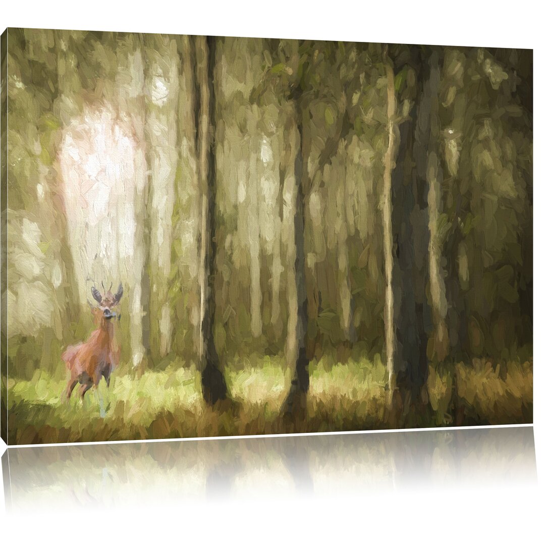 Leinwandbild "Einsamer Hirsch im tiefen Wald", Grafikdruck