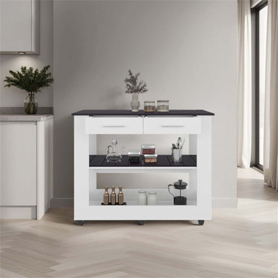Hardy Kitchen Island, 2 Drawers, 6 Wheels, 2 Shelves, White / Black Wengue