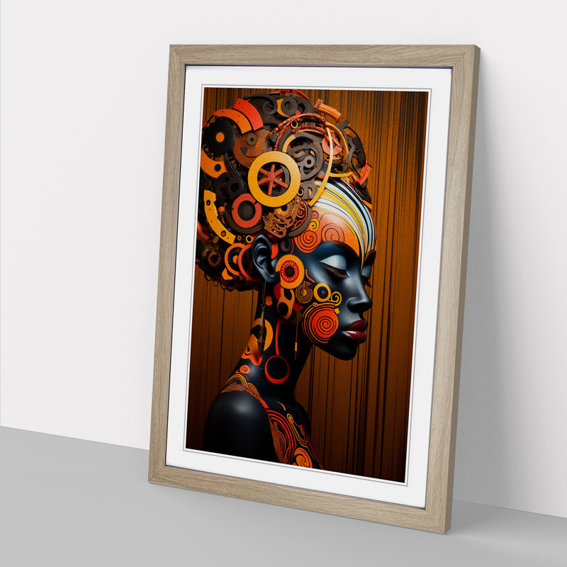 African Woman Neo-Plasticism No.2 - Single Picture Frame Print on Wood, Oak, 34cm H x 25cm W x 2cm D