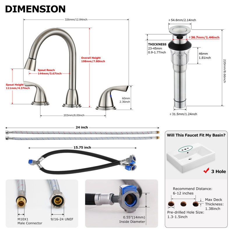 Robinet de lavabo pour salle de bain à 2 poignées avec bec pivotant sur 360 °, Nickel brossé