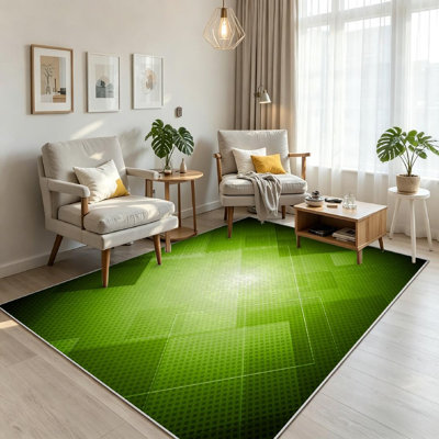 Green Machine Washable,Elegant Technical Abstract Square Technology Tech Light Modern Shape Indoor Area Rug