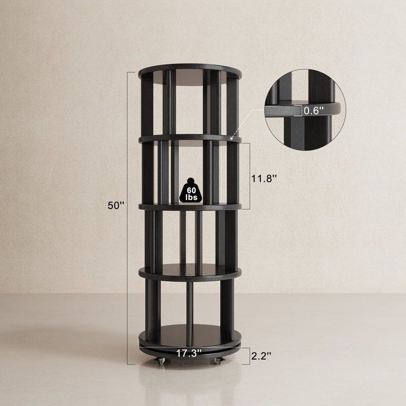 Oliver 360° Rotating Solid Wood Bookshelf, Equipped with Brake Wheels, Allowing for Flexible Adjustment, Black