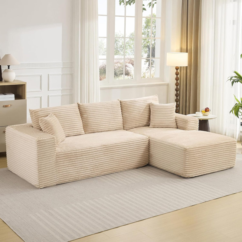 Canapé modulaire rembourré en tissu de velours côtelé en L 108 po avec méridienne 108 po, Velours côtelé beige