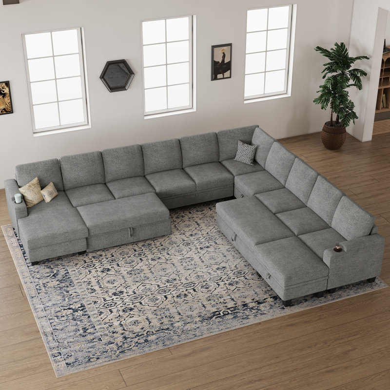 Januelle Oversized 142.7'' Wide Chenille L-Shaped Sofa Bed U-Shaped Couch Storage Modular Sectional Sofa, Gray Chenille