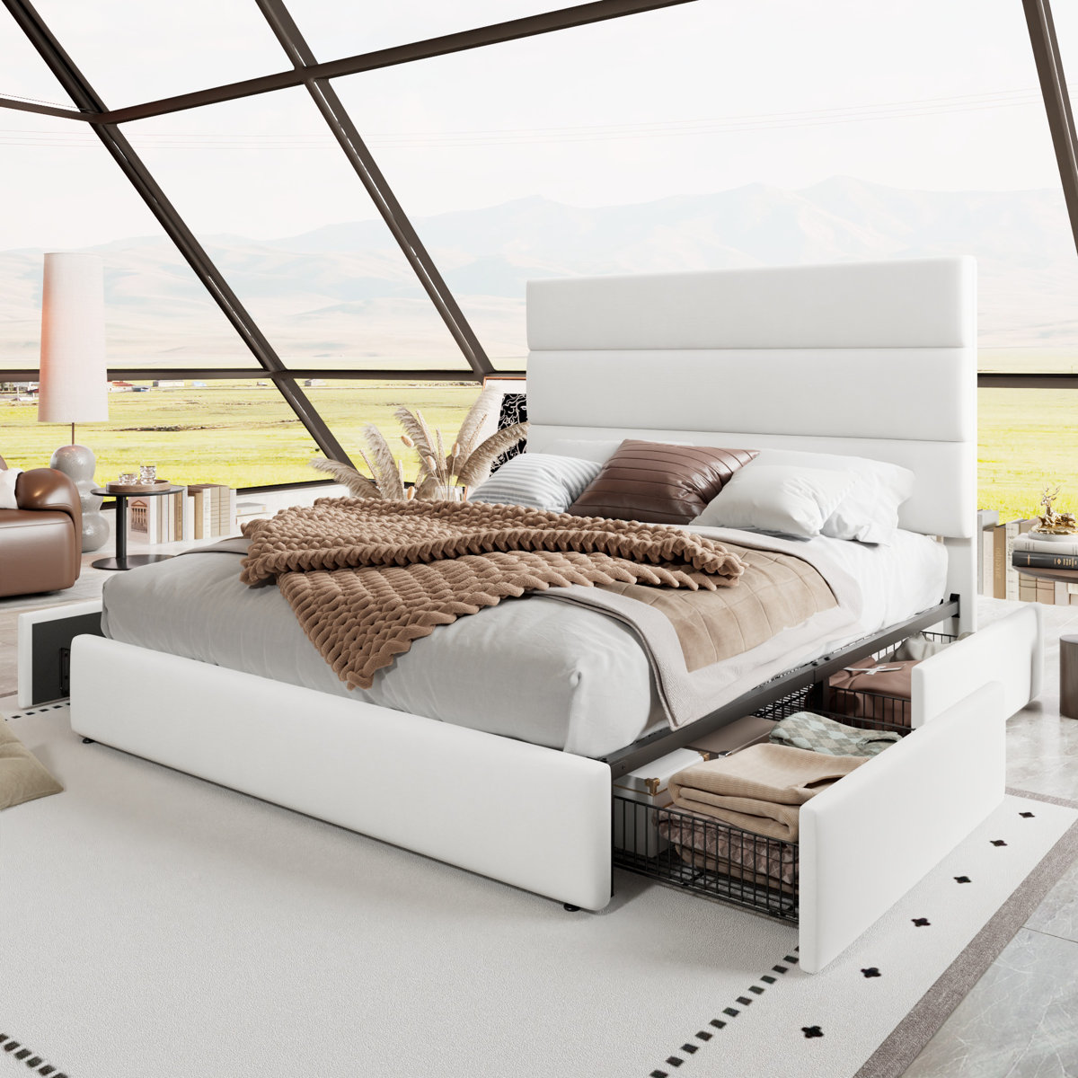 Platform Storage Bed With Wooden Slats And Velvet Upholstered Headboard