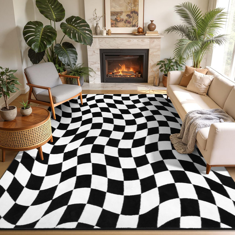Tapis à carreaux lavable antidérapant Modern, Rectangulaire 8 pi x 10 pi, Noir / blanc